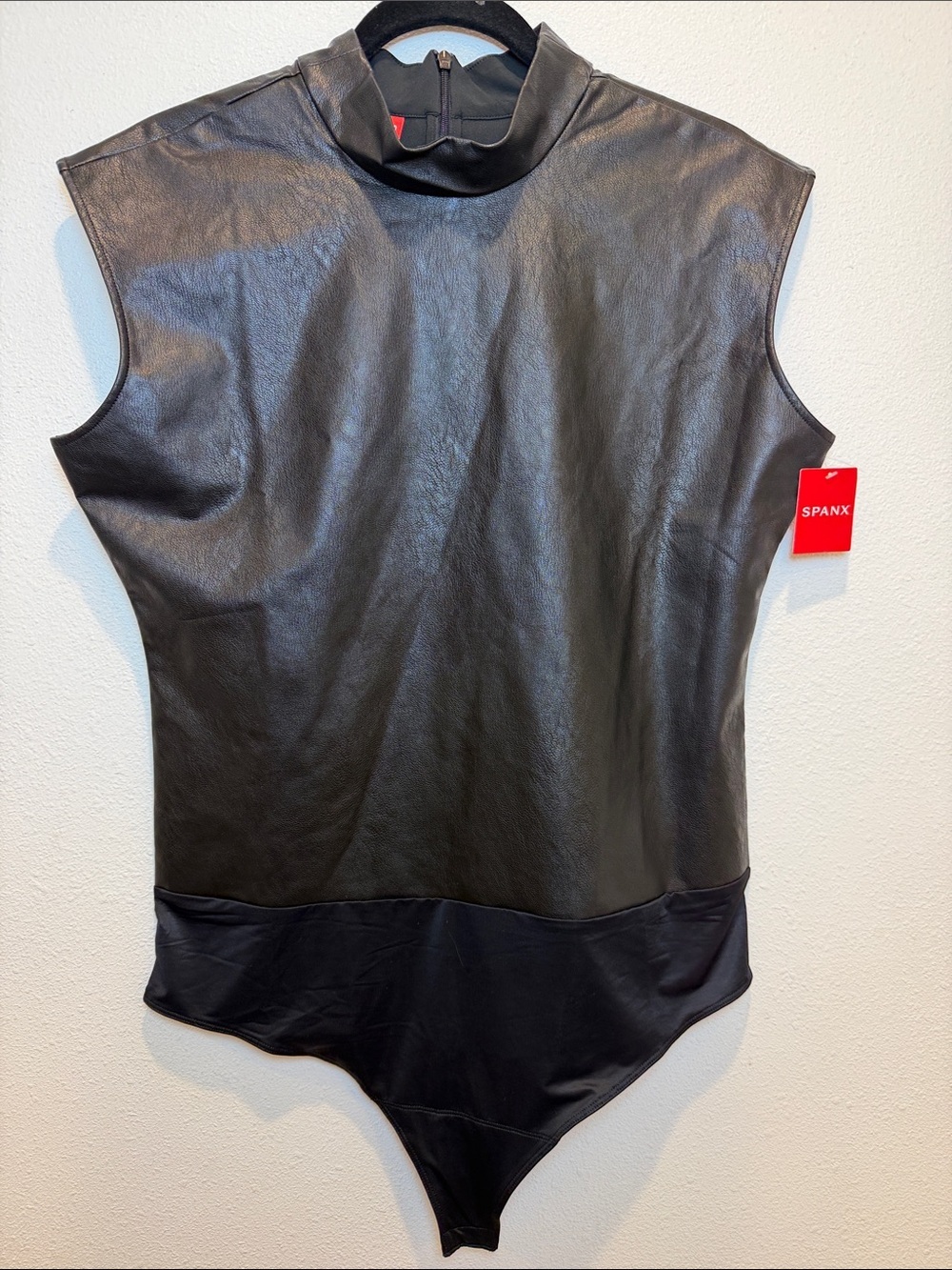 SPANX Black Faux-Leather Mock Neck Sleeveless Bodysuit New With Tags XL
